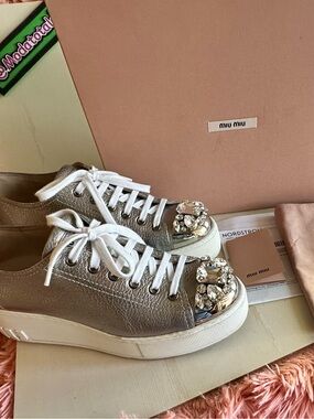 Miu Miu Silver Crystal Toe Leather Sneaker - Women's in 7.5